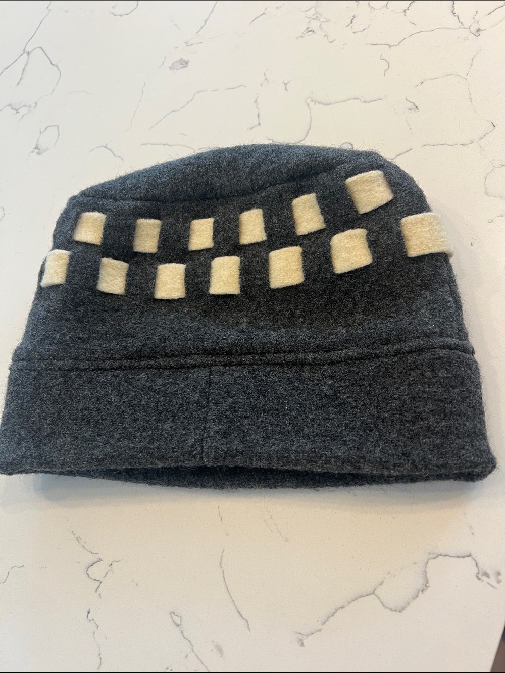 Gray Wool Beanie with Cream Square Embellishments